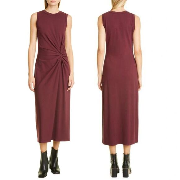 NEW Club Monaco Twist Front Jersey Midi Dress Feminine Career Capsule Plum Sz Md - Picture 2 of 11